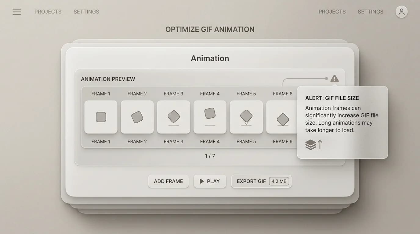 GIF frame strip with file size warning