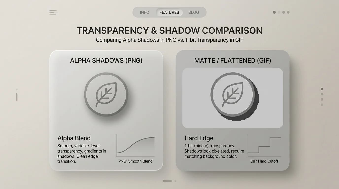 PNG soft shadow on checkerboard versus GIF matte edges