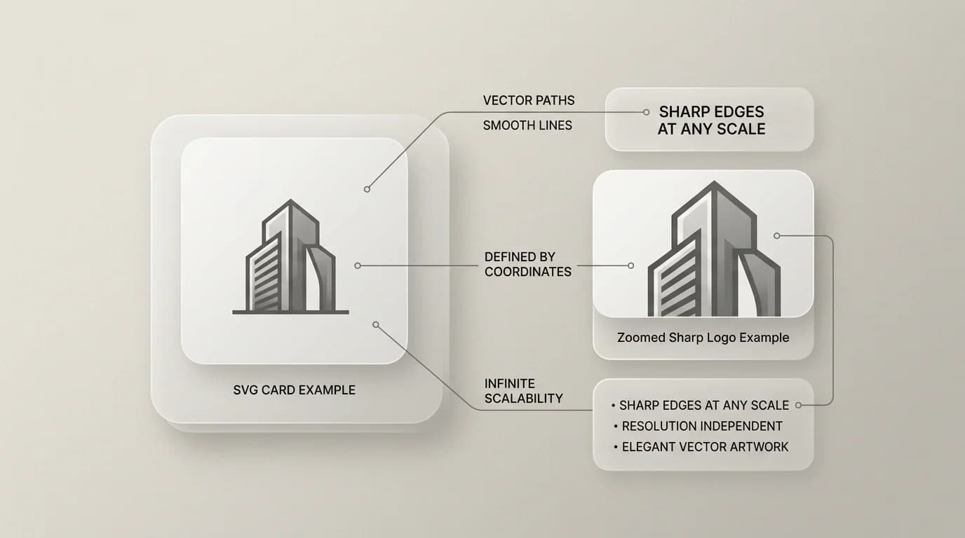 SVG vector file guide with zoomed sharp logo and format cards